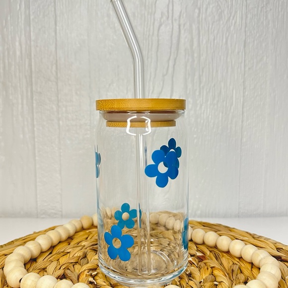 16oz Handmade Blue Floral Customized Glass Tumbler Cup Bamboo Lid Glass Straw - Picture 2 of 2